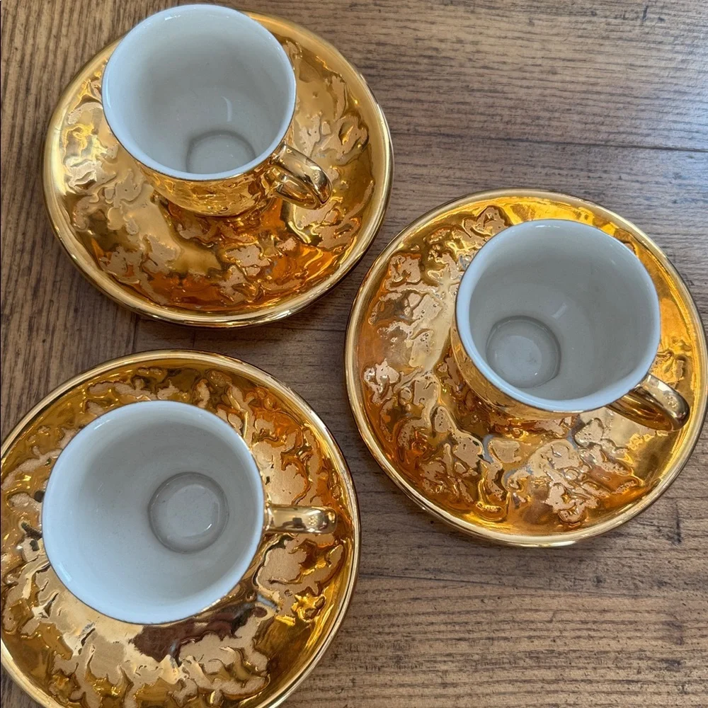 22k Gold Espresso Cup and Saucer over bone china - Set of 3 | Made in USA VTG